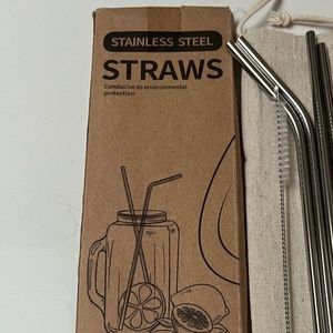 NEW 5 pc Stainless Steel drinking 3 straws & one brush cleaner with storage bag